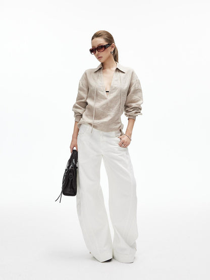 iamxiaa Khaki Textured V-neck Back Tie Drop Shoulder Women&