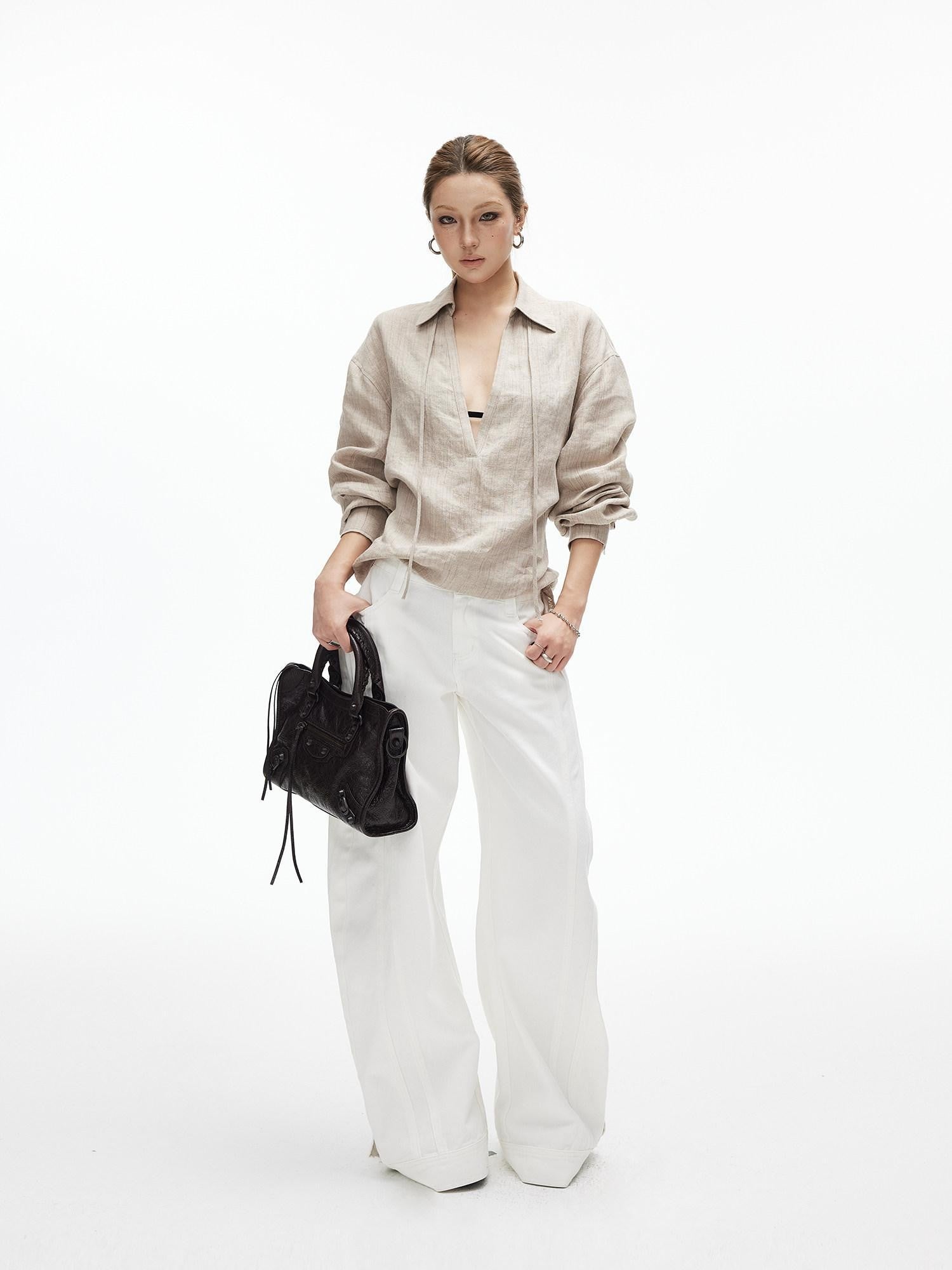 iamxiaa Khaki Textured V-neck Back Tie Drop Shoulder Women&