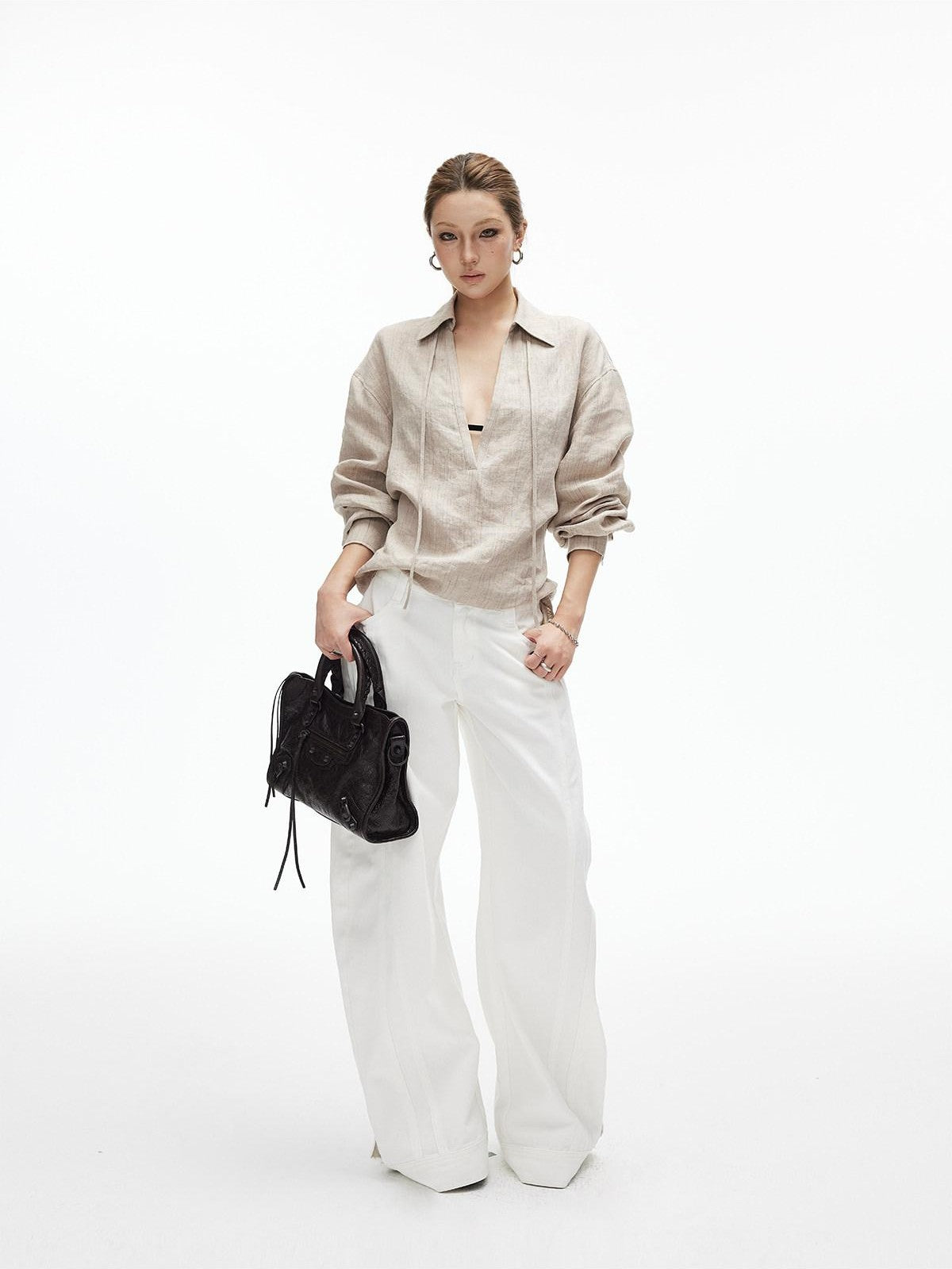 iamxiaa Khaki Textured V-neck Back Tie Drop Shoulder Women&