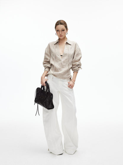 iamxiaa Khaki Textured V-neck Back Tie Drop Shoulder Women&