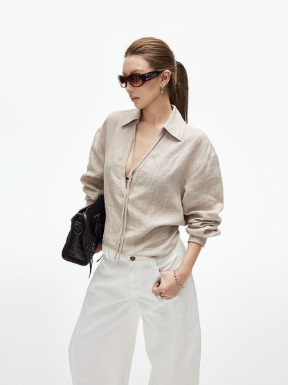 iamxiaa Khaki Textured V-neck Back Tie Drop Shoulder Women&