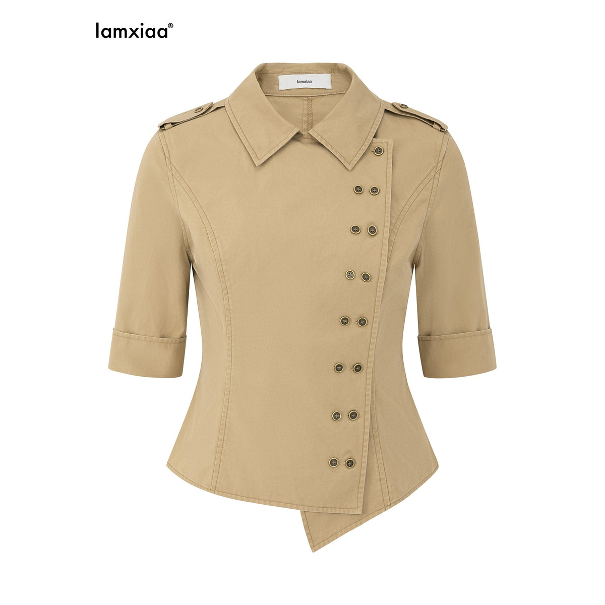iamxiaa_Khaki_Trench_Style_Diagonal_Buttoned_Cinched_Waist_Half_Sleeve_100_Cotton_Women&