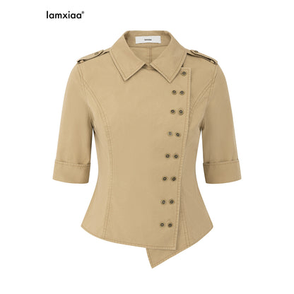 iamxiaa_Khaki_Trench_Style_Diagonal_Buttoned_Cinched_Waist_Half_Sleeve_100_Cotton_Women&