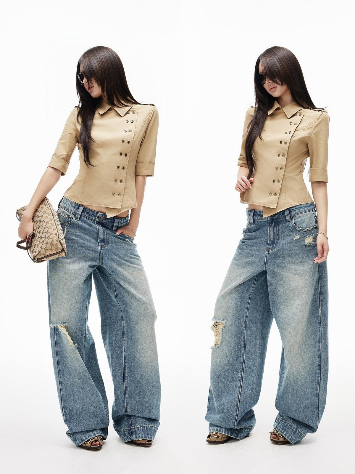 iamxiaa Khaki Trench Style Diagonal Buttoned Cinched Waist Half Sleeve 100 Cotton Women&