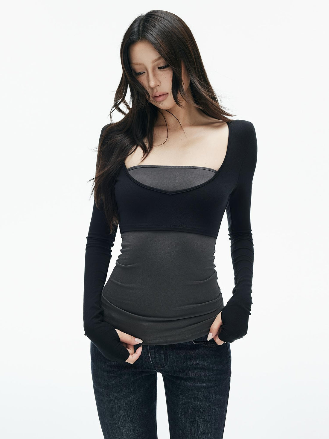 iamxiaa Knitted Color Block Double Collar Thumb Hole Women&