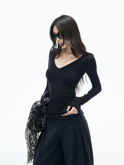 iamxiaa Knitted Deep V-neck Rolled Edge Slim Fit Modal Women&