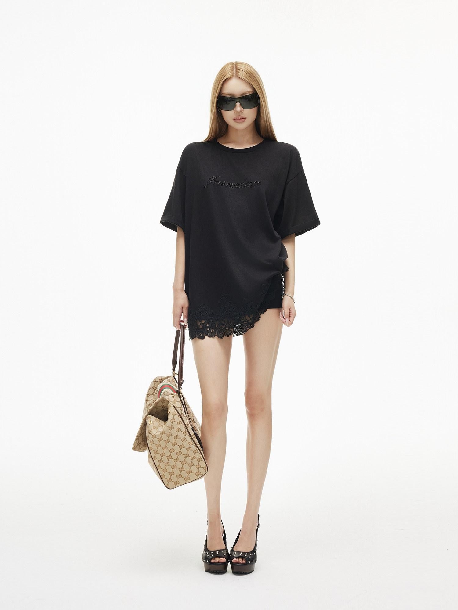 iamxiaa Lace Hem Script Rhinestone Crewneck Women&