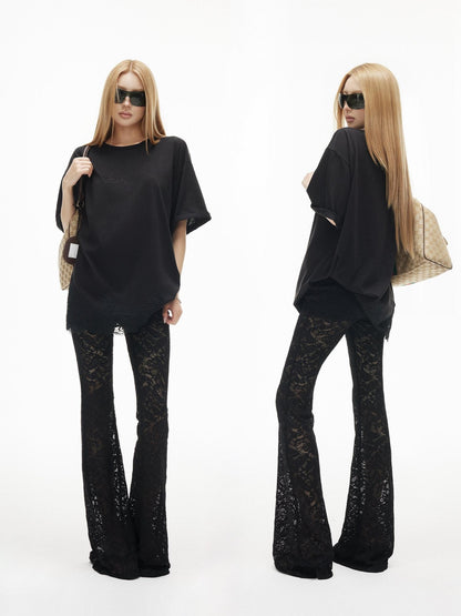 iamxiaa Lace Hem Script Rhinestone Crewneck Women&