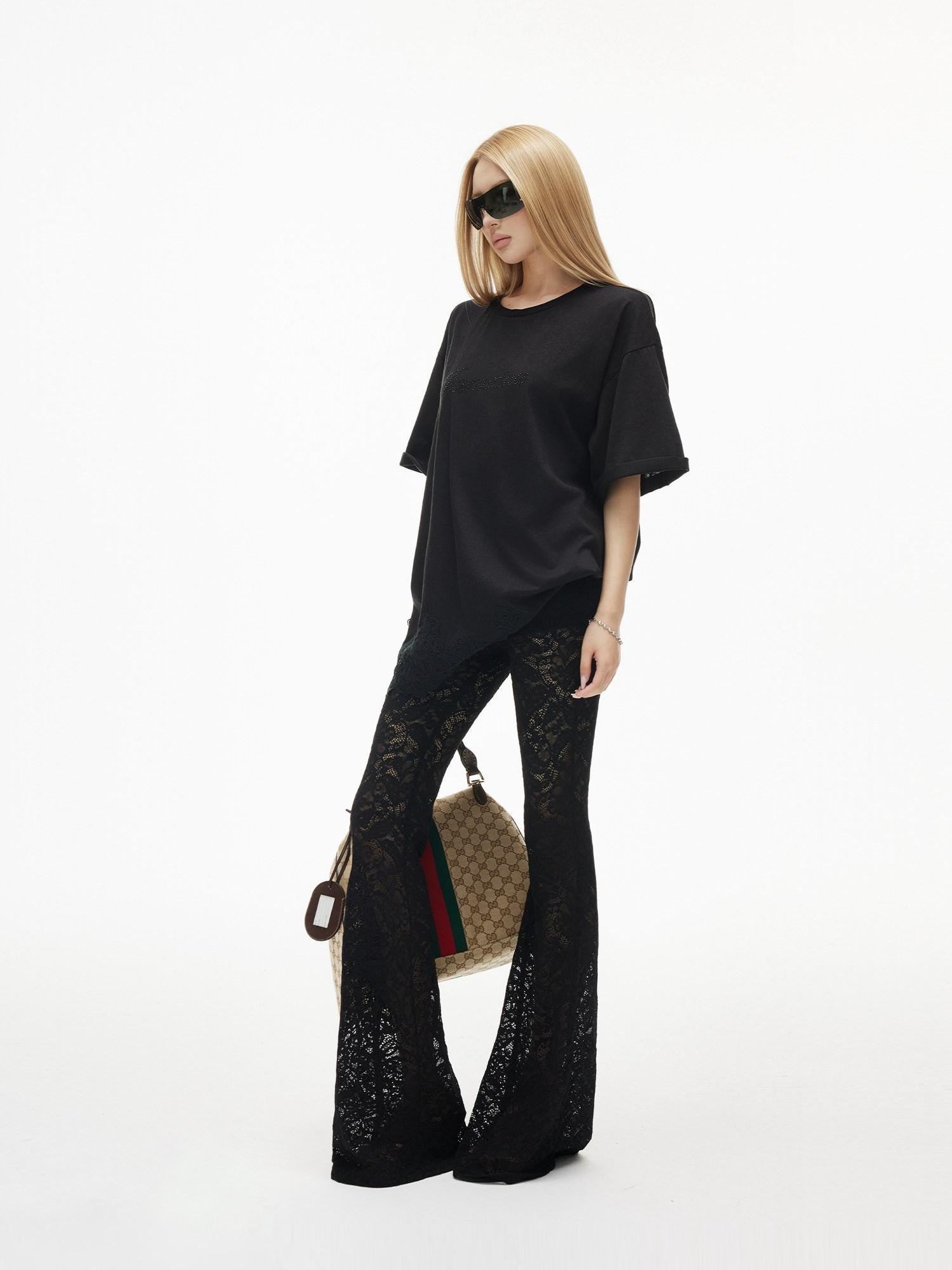 iamxiaa Lace Hem Script Rhinestone Crewneck Women&