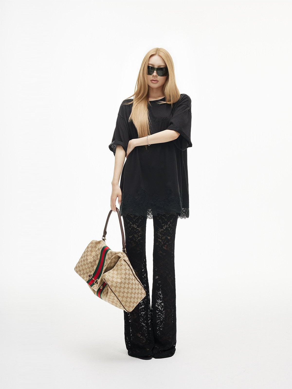 iamxiaa Lace Hem Script Rhinestone Crewneck Women&