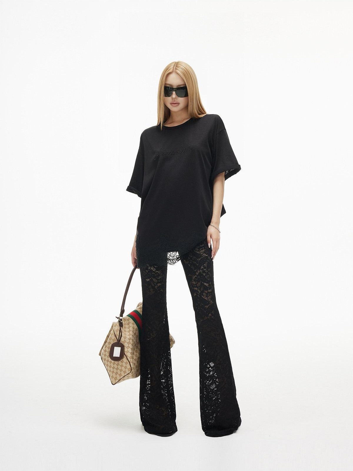 iamxiaa Lace Hem Script Rhinestone Crewneck Women&