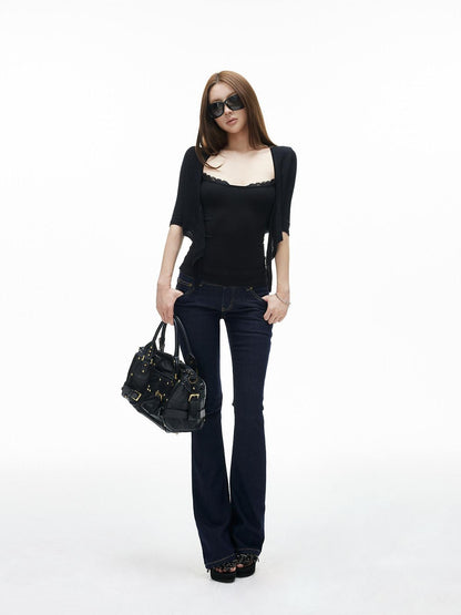 iamxiaa Lace Trim Ribbed Straight Neck Spaghetti Strap Women&