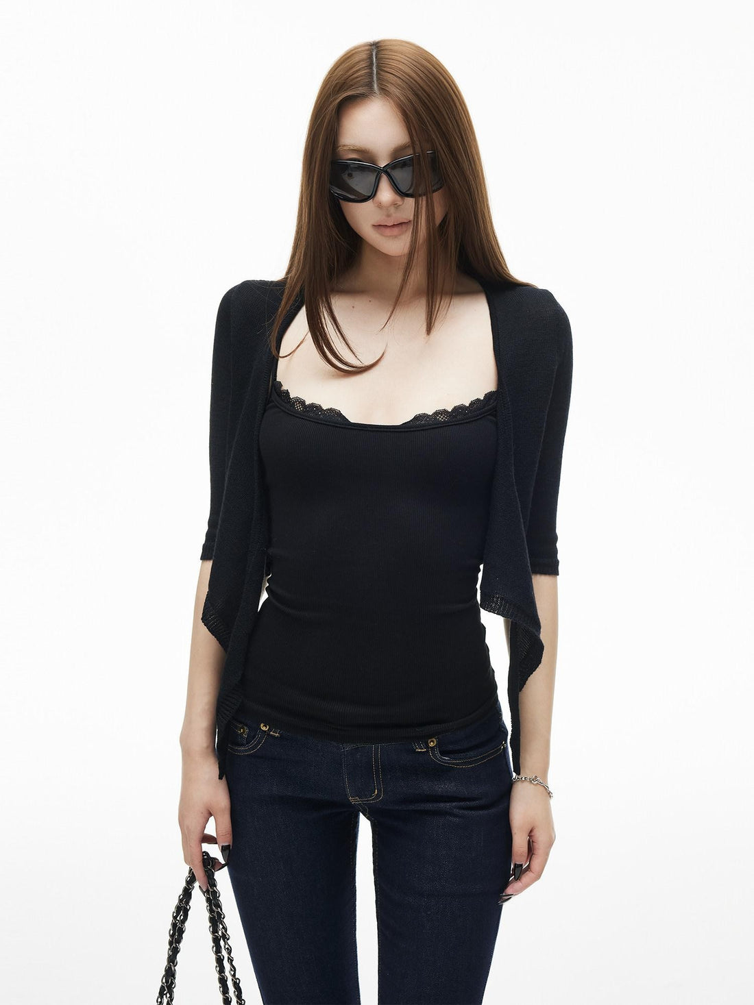 iamxiaa Lace Trim Ribbed Straight Neck Spaghetti Strap Women&