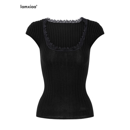 iamxiaa_Lace_Trim_Ribbed_U_Neck_Cap_Sleeve_Slim_Women&