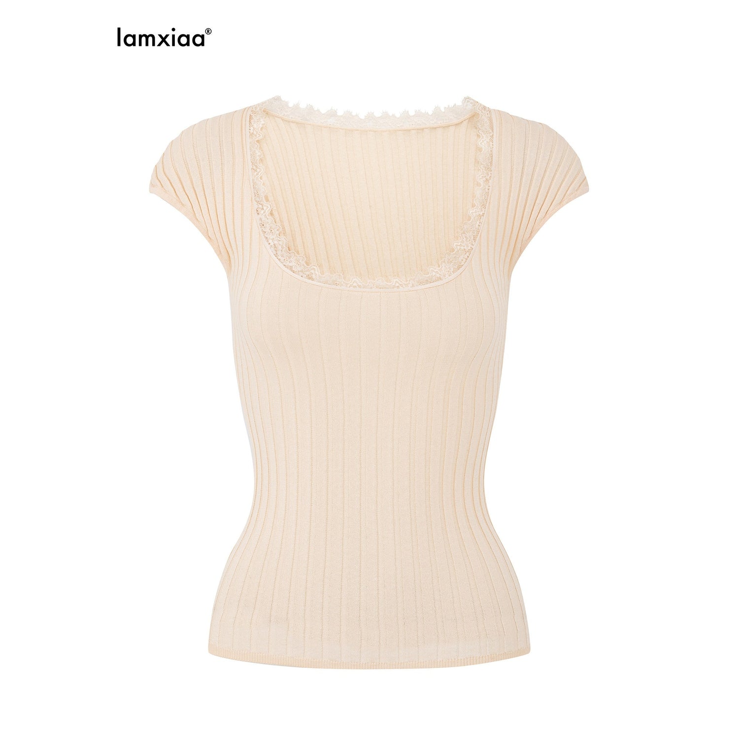 iamxiaa_Lace_Trim_Ribbed_U_Neck_Cap_Sleeve_Slim_Women&