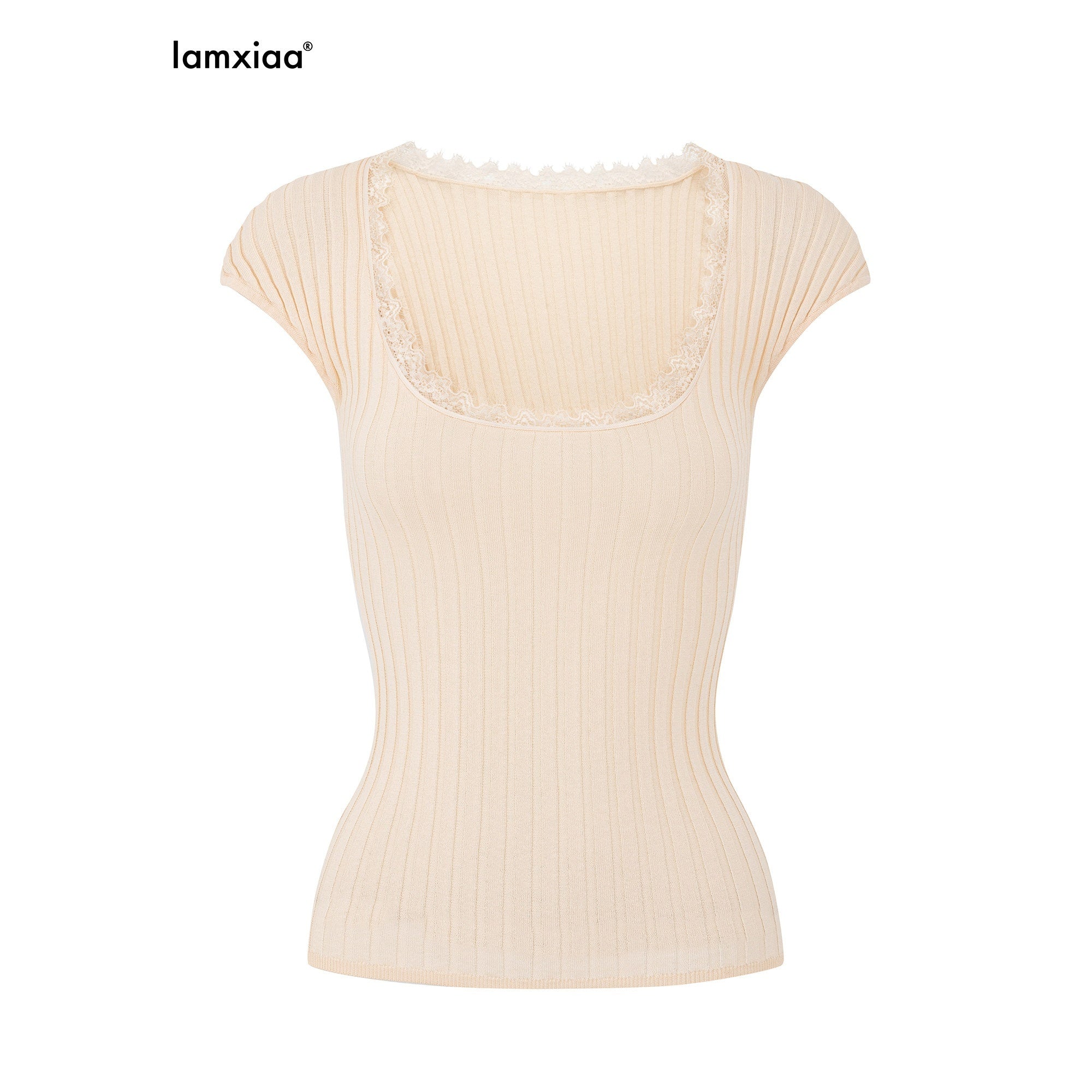 iamxiaa_Lace_Trim_Ribbed_U_Neck_Cap_Sleeve_Slim_Women&