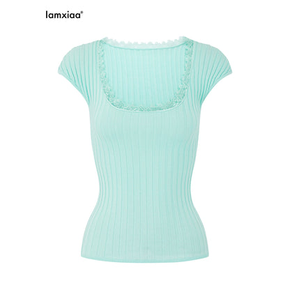 iamxiaa_Lace_Trim_Ribbed_U_Neck_Cap_Sleeve_Slim_Women&
