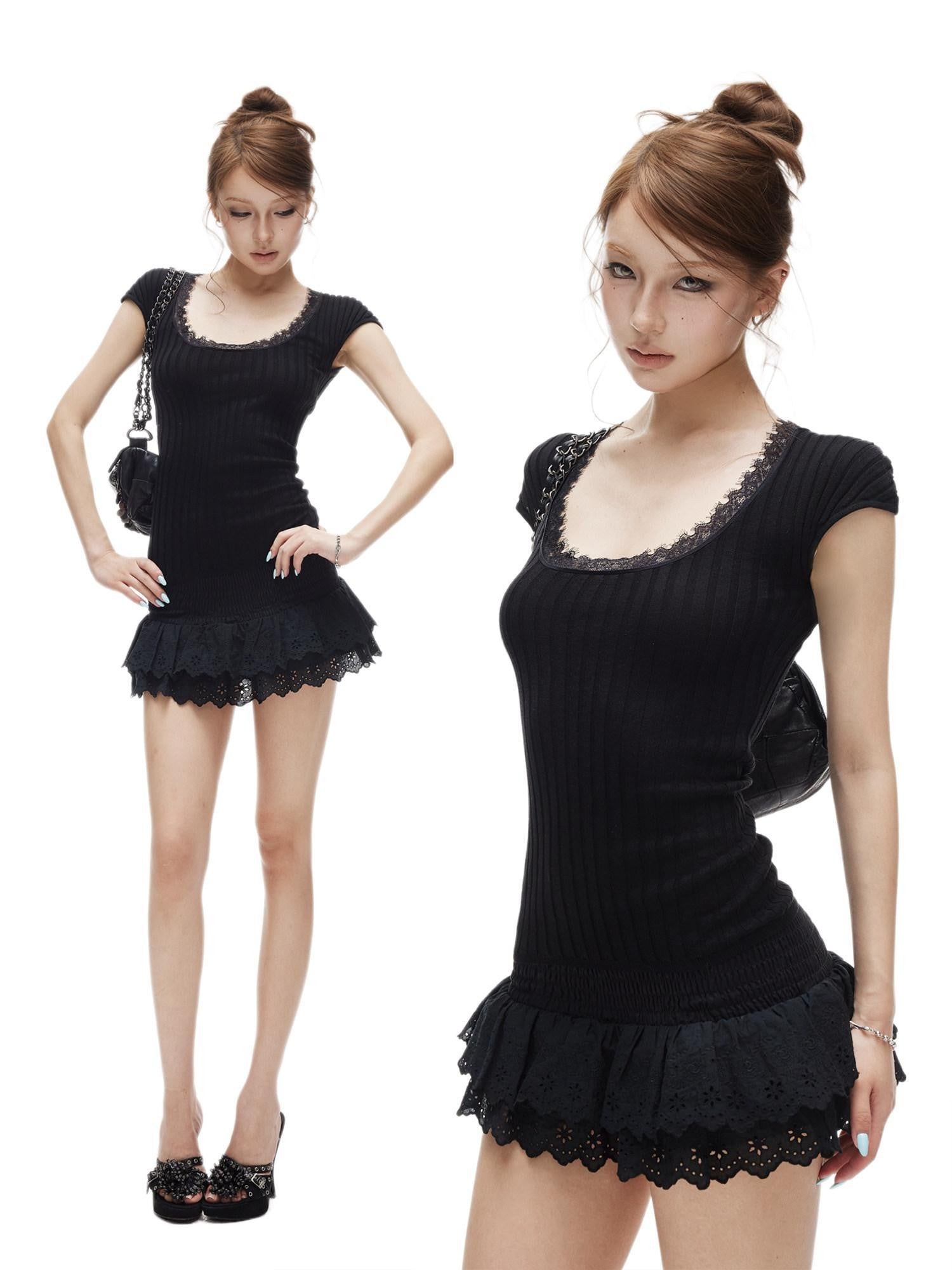 iamxiaa Lace Trim Ribbed U Neck Cap Sleeve Slim Women&