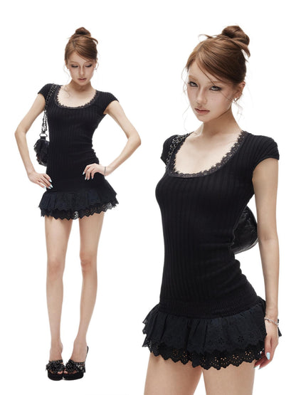 iamxiaa Lace Trim Ribbed U Neck Cap Sleeve Slim Women&