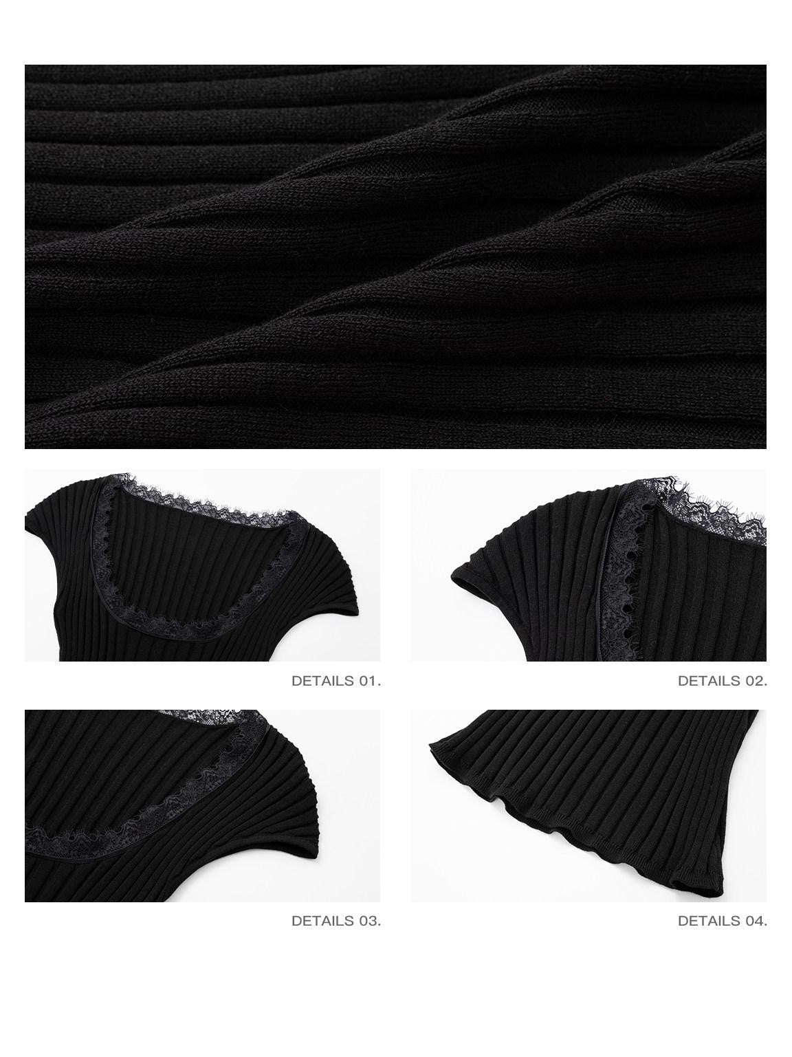 iamxiaa Lace Trim Ribbed U Neck Cap Sleeve Slim Women&