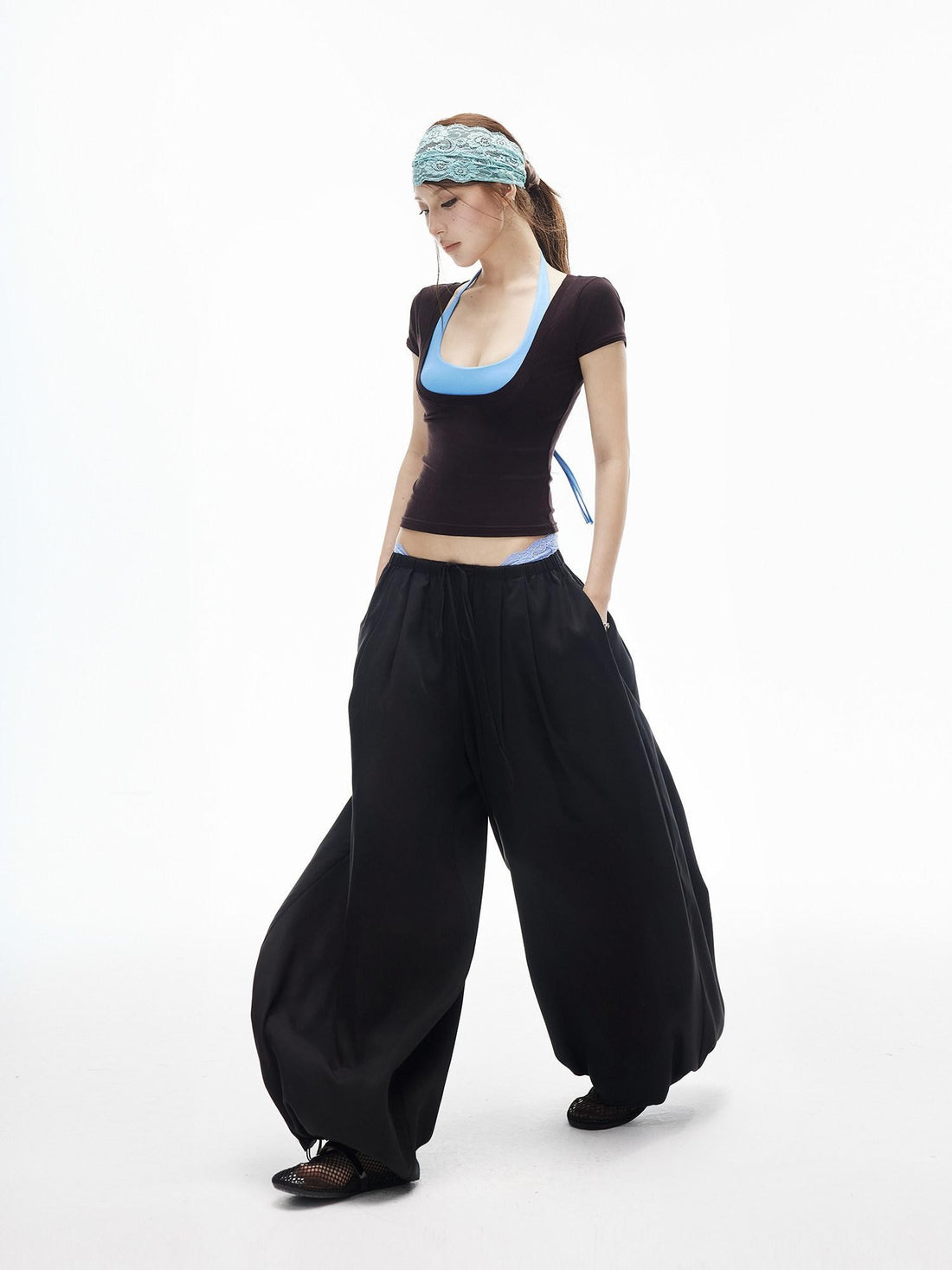 iamxiaa Lantern Wide Leg Low Waist Adjustable Drawstring Women&