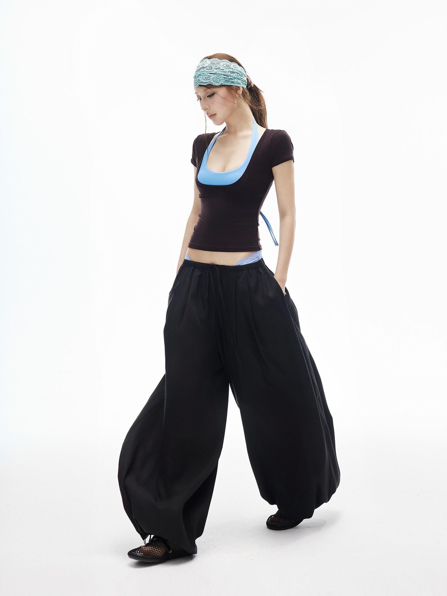 iamxiaa Lantern Wide Leg Low Waist Adjustable Drawstring Women&
