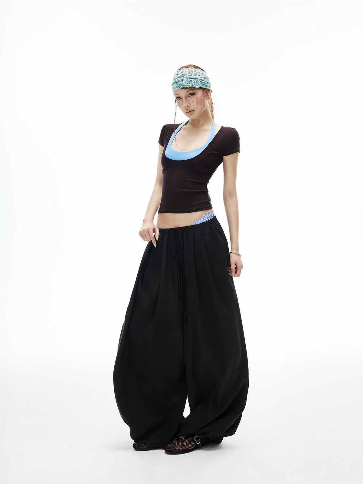 iamxiaa Lantern Wide Leg Low Waist Adjustable Drawstring Women&