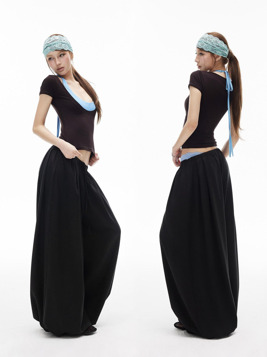 iamxiaa Lantern Wide Leg Low Waist Adjustable Drawstring Women&