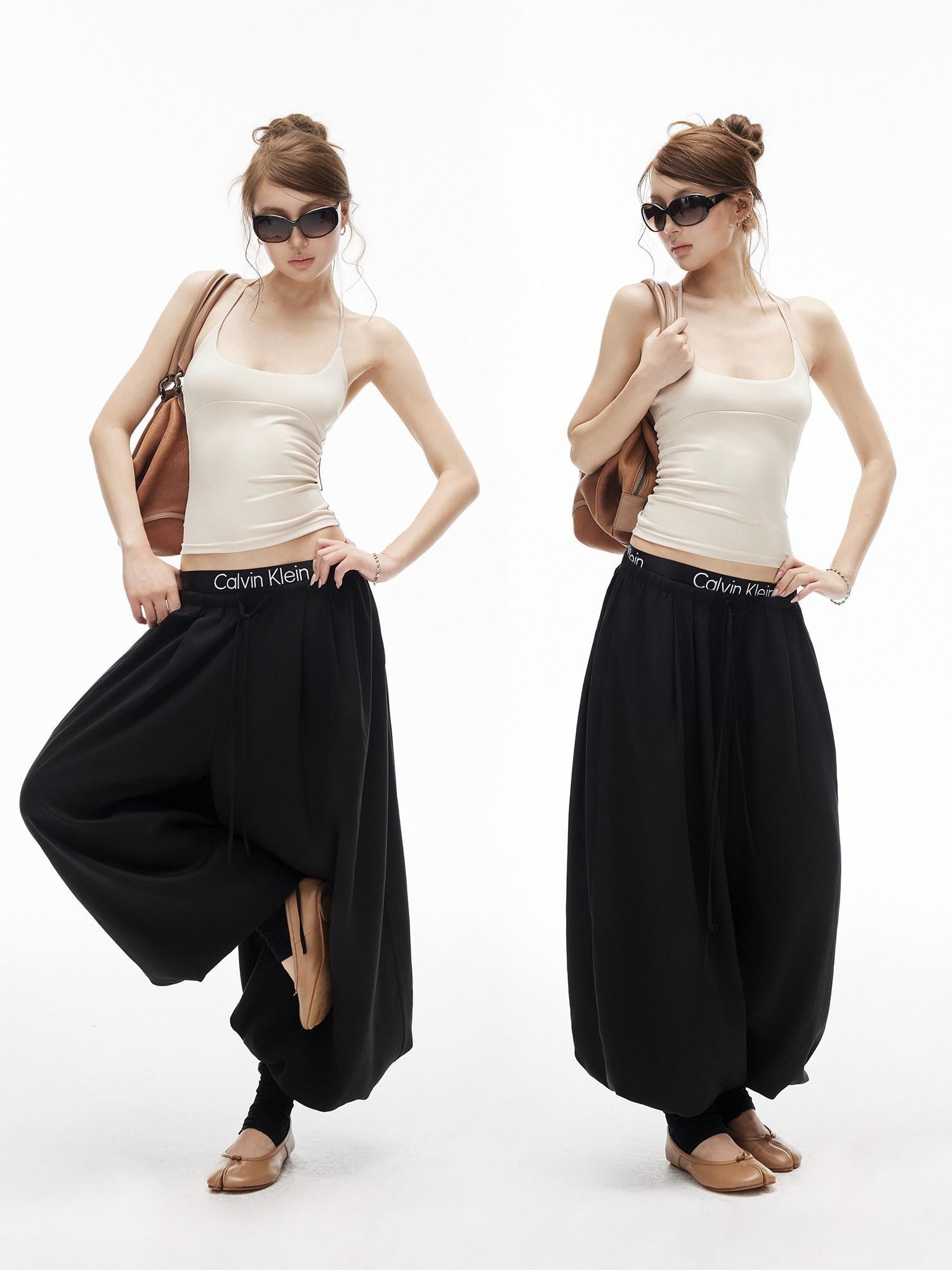 iamxiaa Lantern Wide Leg Low Waist Adjustable Drawstring Women&