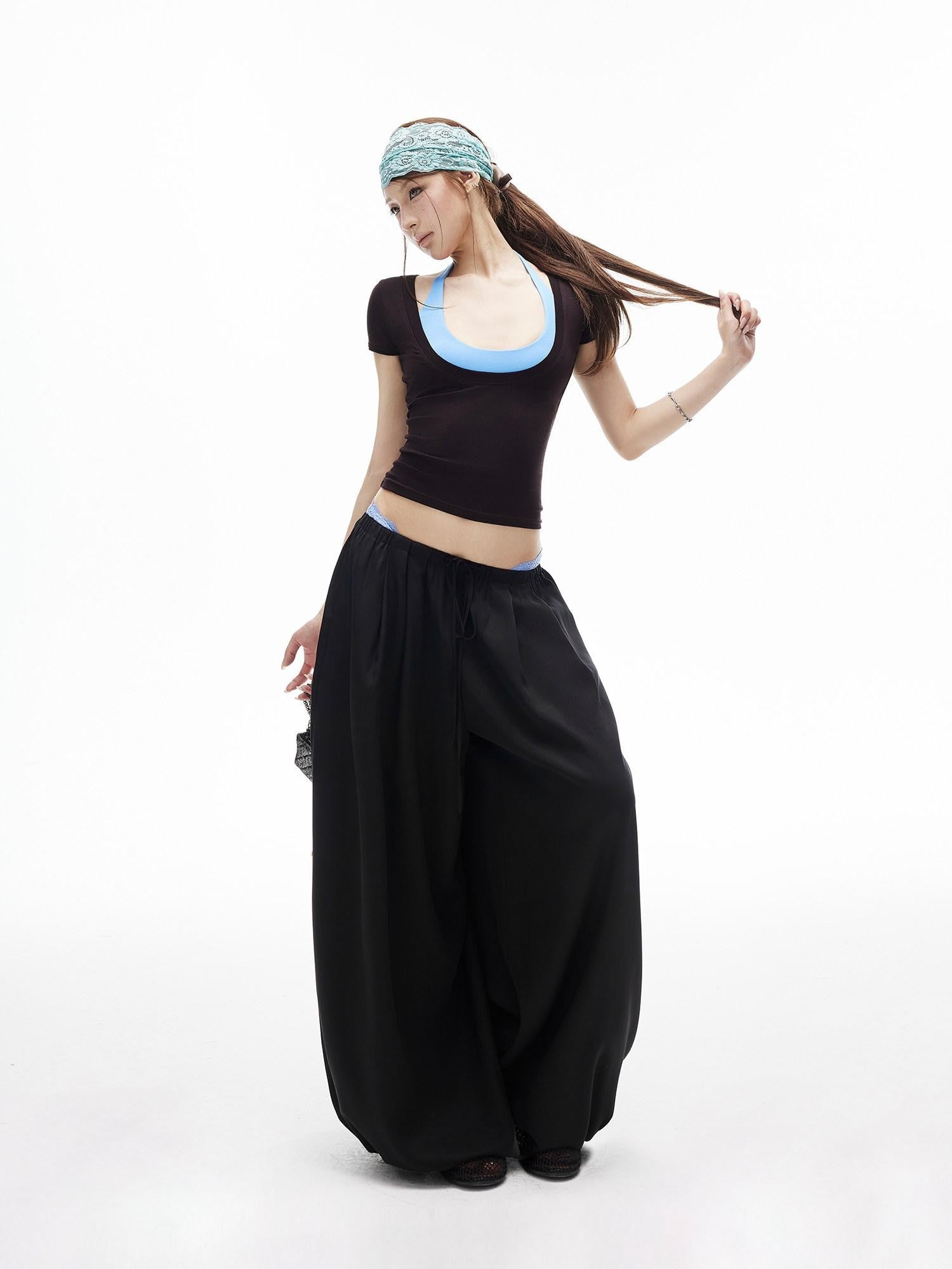 iamxiaa Lantern Wide Leg Low Waist Adjustable Drawstring Women&