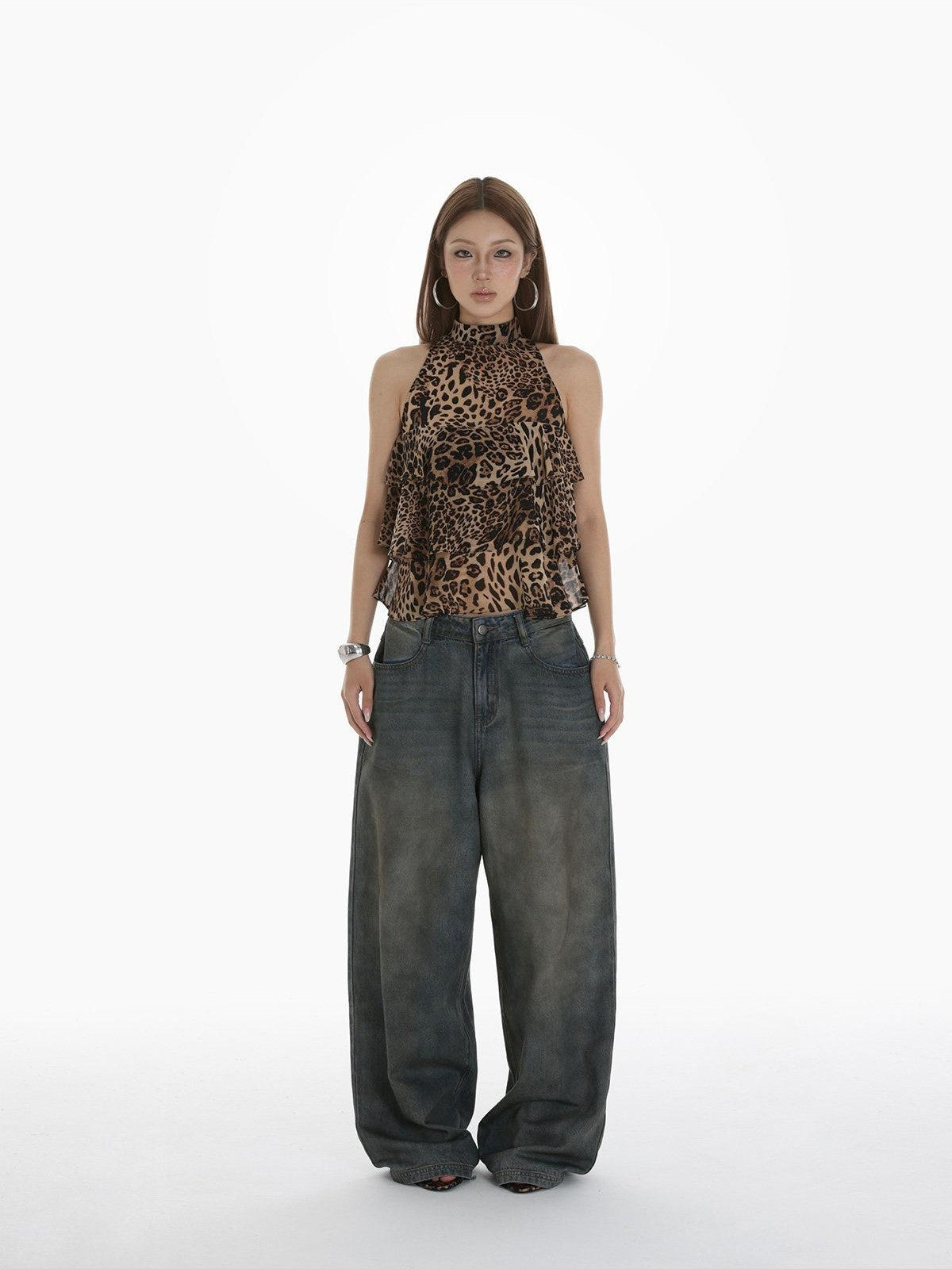 iamxiaa Leopard Print Handmade Multilayer Ruffle Women&