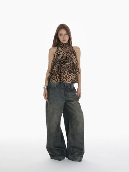 iamxiaa Leopard Print Handmade Multilayer Ruffle Women&