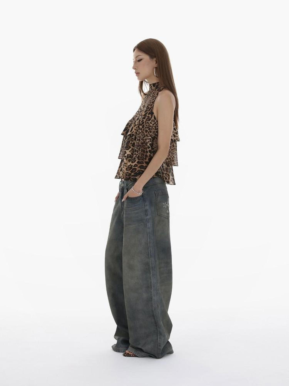iamxiaa Leopard Print Handmade Multilayer Ruffle Women&