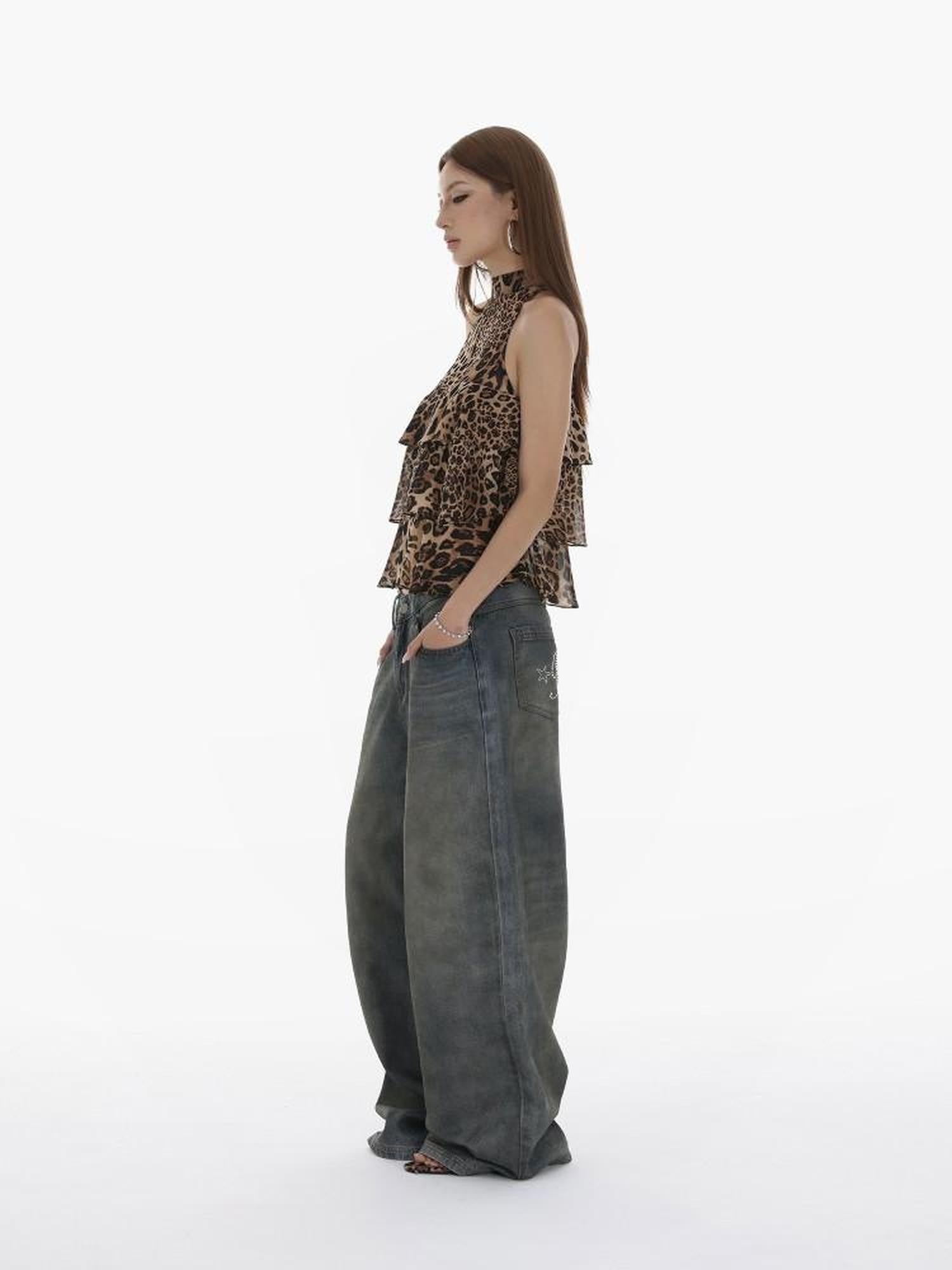 iamxiaa Leopard Print Handmade Multilayer Ruffle Women&