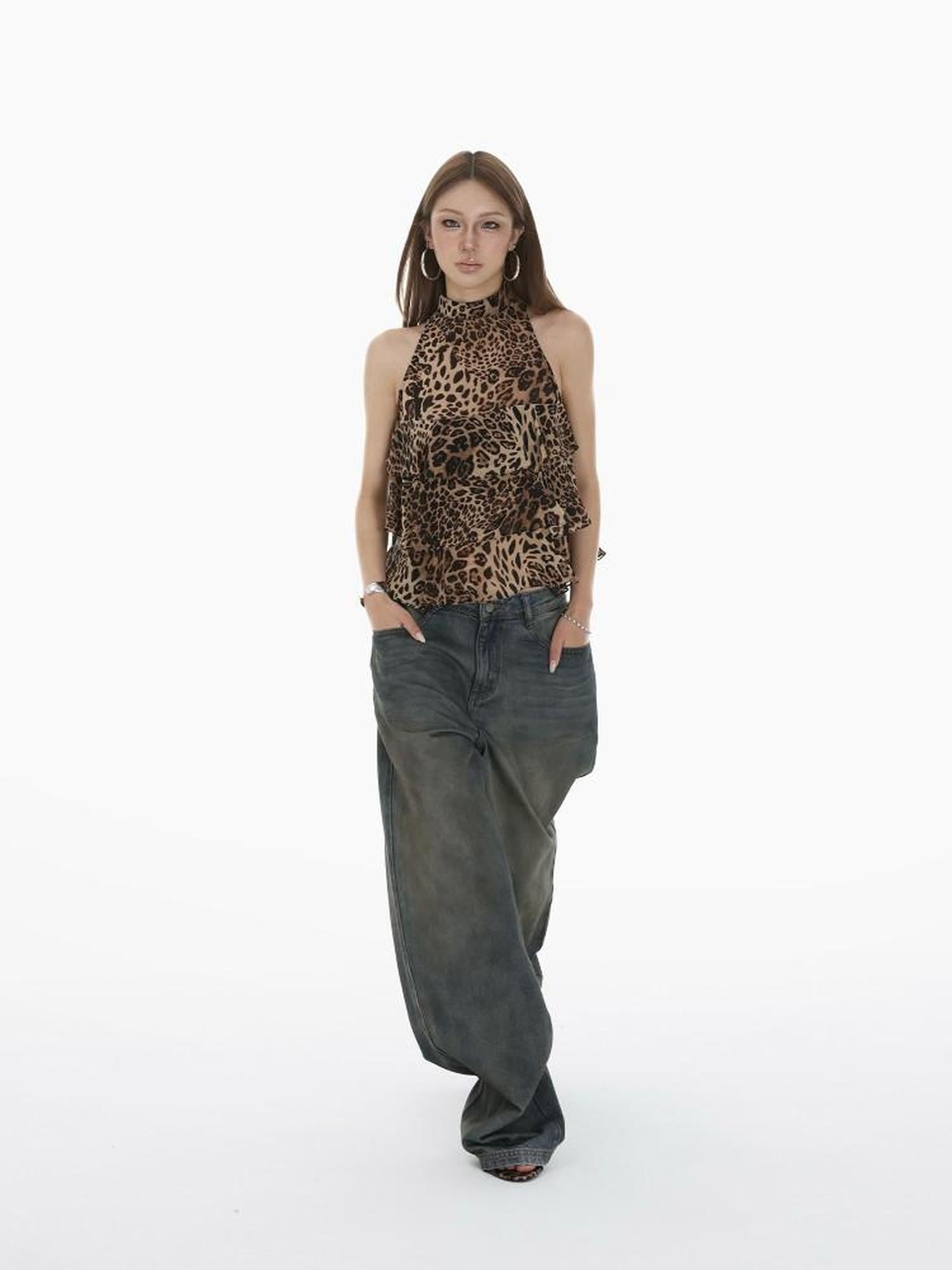 iamxiaa Leopard Print Handmade Multilayer Ruffle Women&