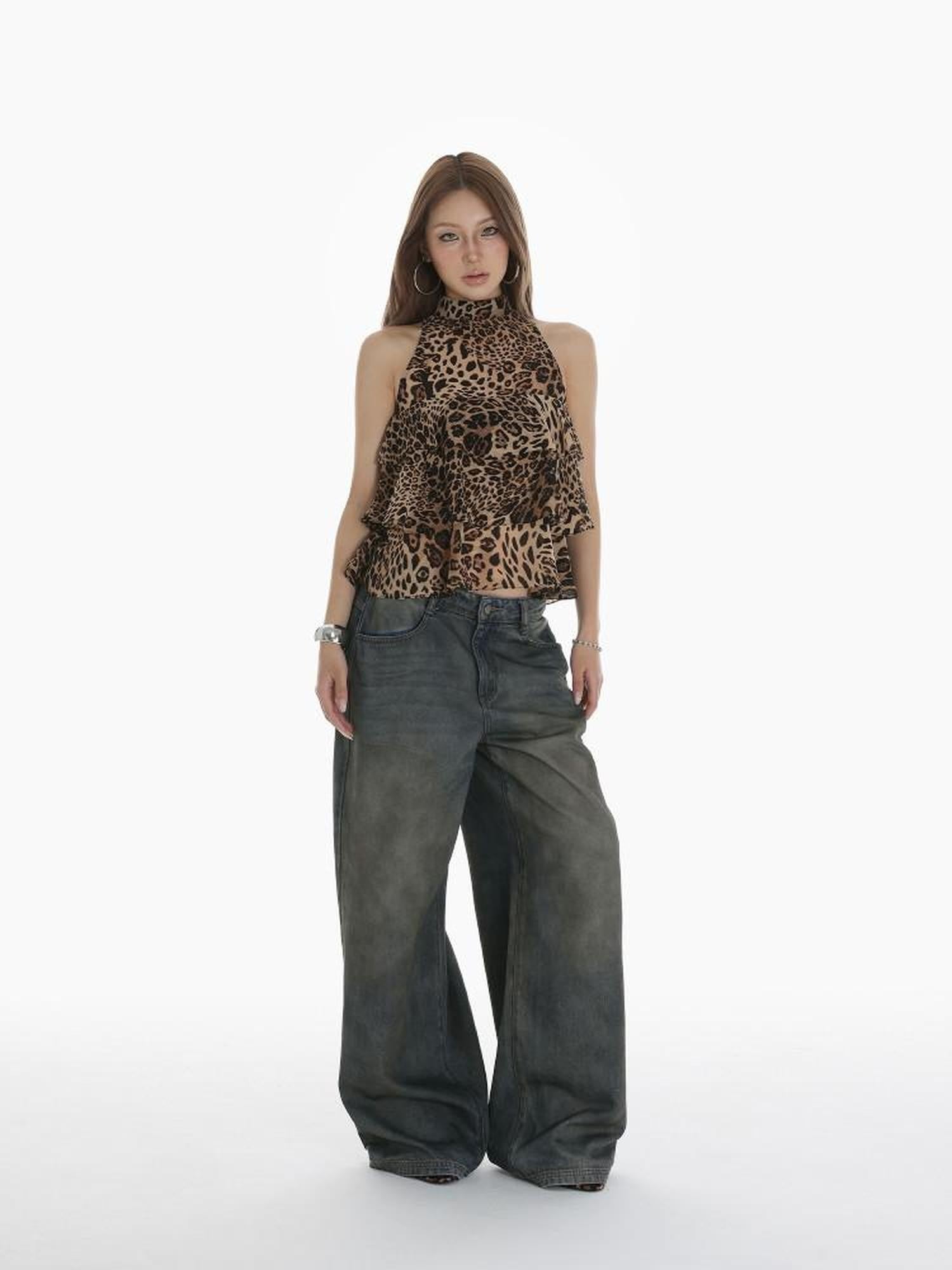 iamxiaa Leopard Print Handmade Multilayer Ruffle Women&