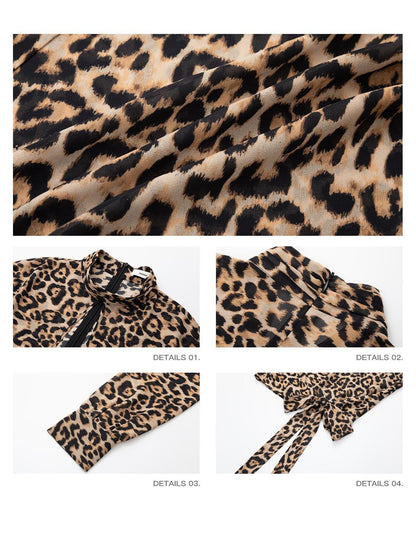 iamxiaa Leopard Print Stand Collar Teardrop Cutout Ribbon Women&