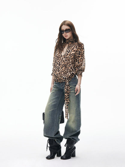iamxiaa Leopard Print Stand Collar Teardrop Cutout Ribbon Women&