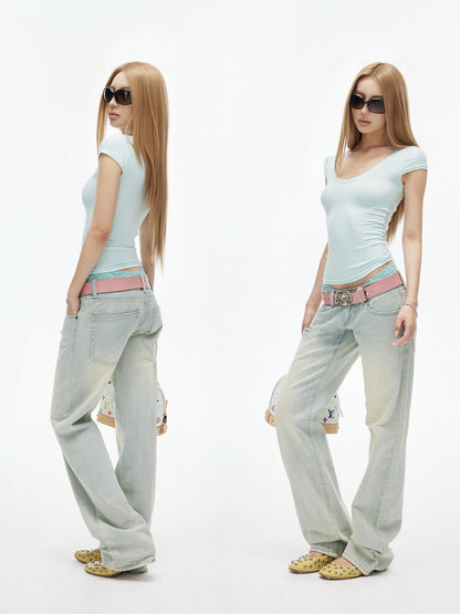 iamxiaa Light Blue Slub Texture Faded Wash Relaxed Low Rise Women&