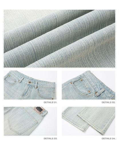 iamxiaa Light Blue Slub Texture Faded Wash Relaxed Low Rise Women&