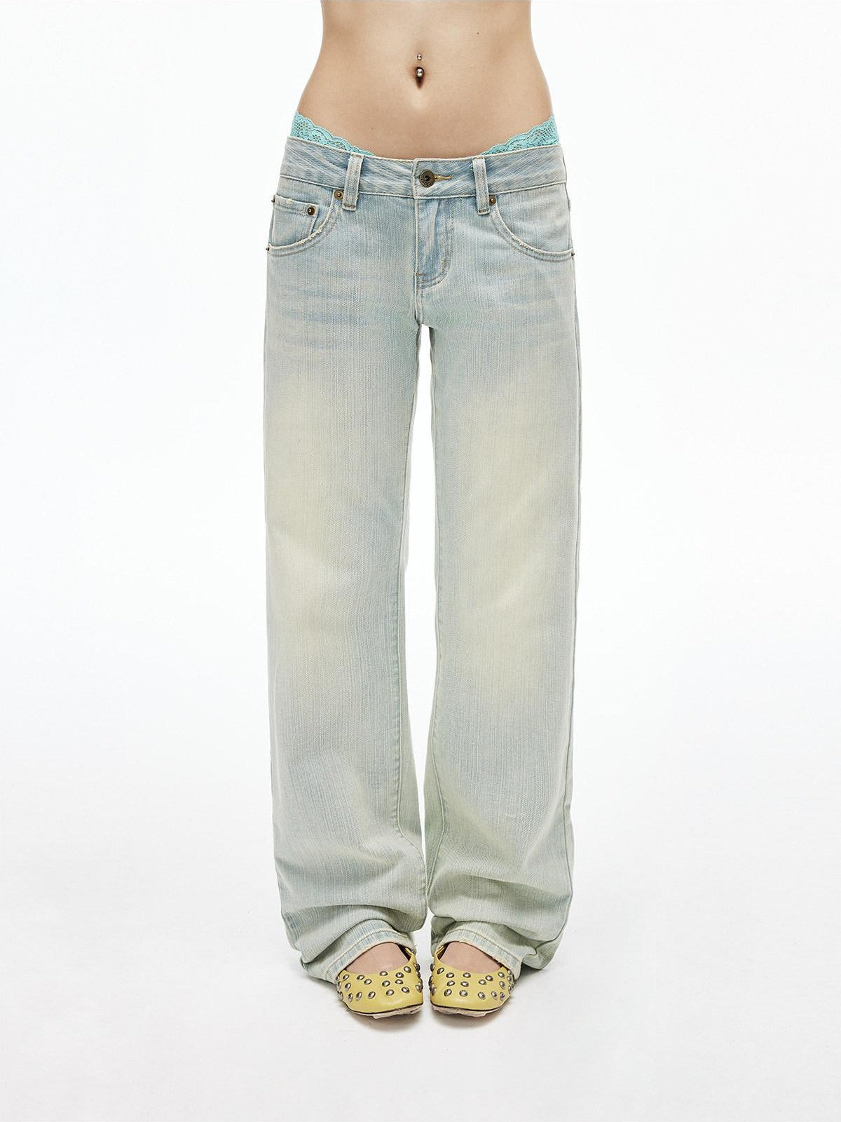iamxiaa Light Blue Slub Texture Faded Wash Relaxed Low Rise Women&