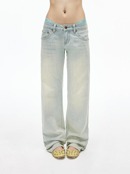 iamxiaa Light Blue Slub Texture Faded Wash Relaxed Low Rise Women&