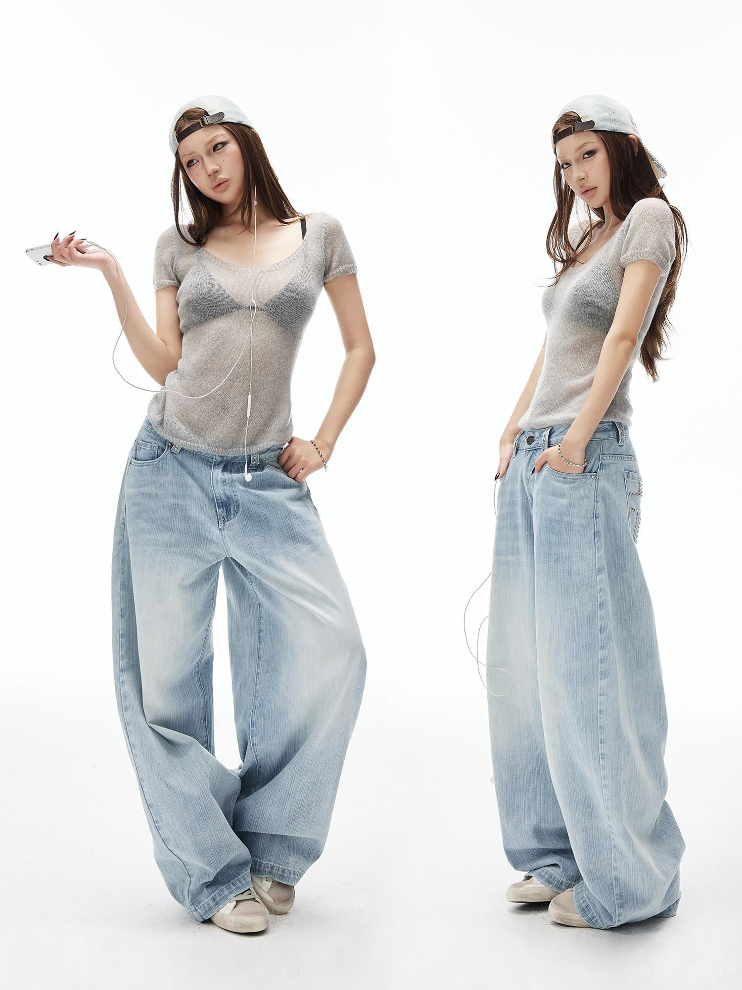 iamxiaa Light Blue Vertical Slub Hand Rivet Distressed Women&