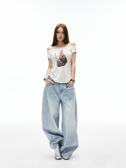 iamxiaa Light Blue Vertical Slub Hand Rivet Distressed Women&
