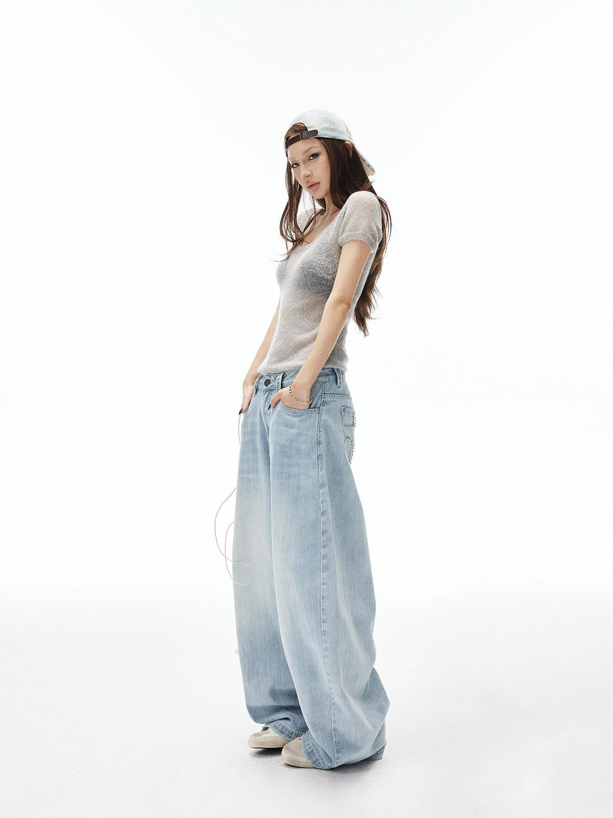 iamxiaa Light Blue Vertical Slub Hand Rivet Distressed Women&