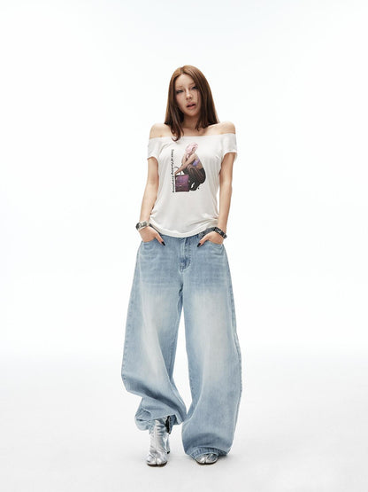 iamxiaa Light Blue Vertical Slub Hand Rivet Distressed Women&