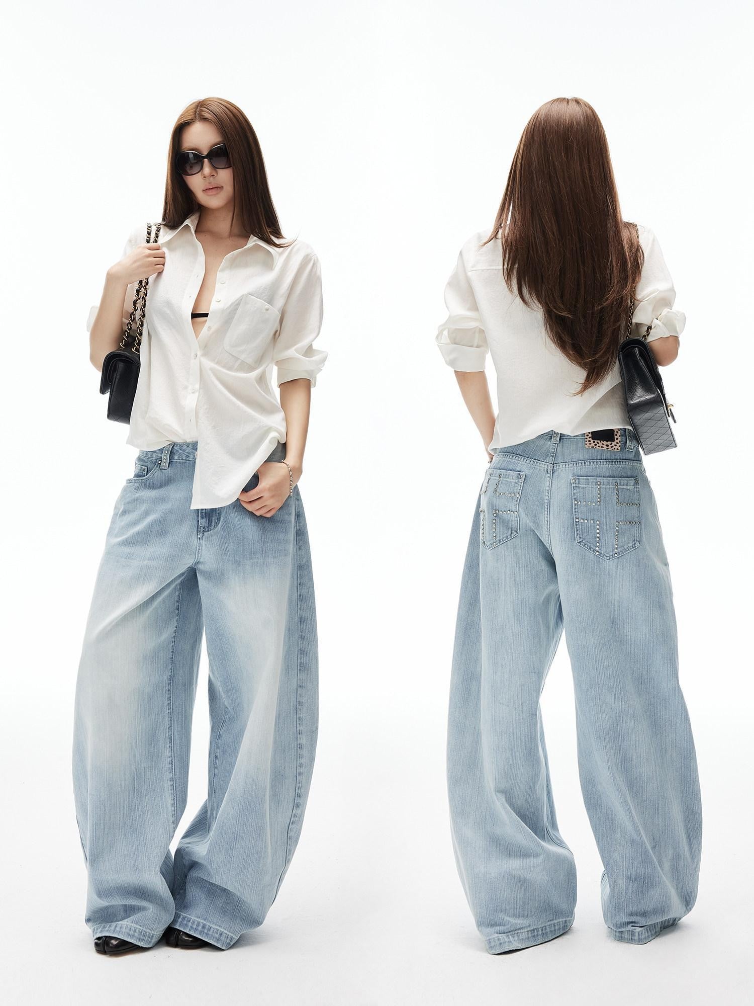 iamxiaa Light Blue Vertical Slub Hand Rivet Distressed Women&