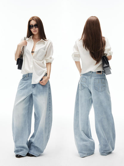 iamxiaa Light Blue Vertical Slub Hand Rivet Distressed Women&