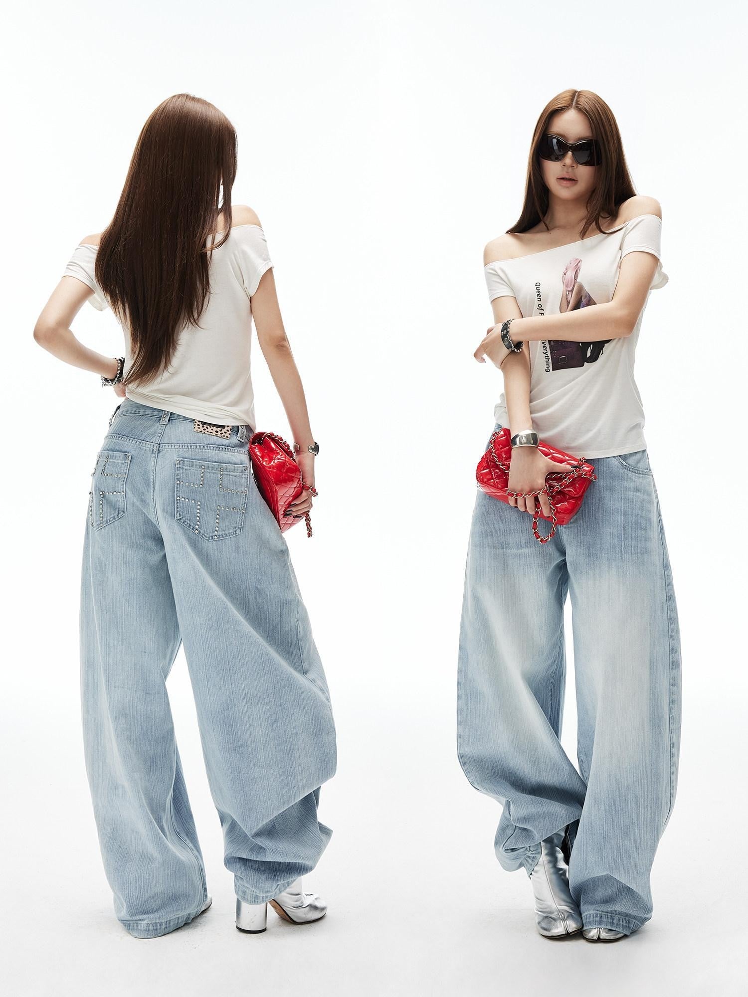 iamxiaa Light Blue Vertical Slub Hand Rivet Distressed Women&