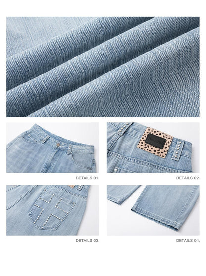 iamxiaa Light Blue Vertical Slub Hand Rivet Distressed Women&